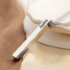 Collar personalizado con nombre de barra para hombre, collar con barra vertical 3D, colgante con nombre grabado, collar con apellido, regalo para el Día del Padre