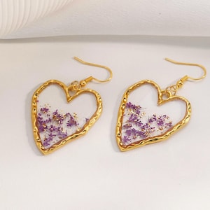 Handmade Real Flower Earrings | Purple Resin Pressed Flower Drop Earrings