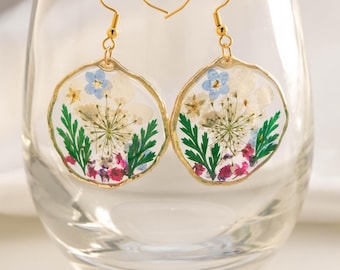 Pendientes de flores secas, pendientes de resina con flores naturales, joyería artesanal con flores prensadas, regalo de cumpleaños, regalo de aniversario para novia