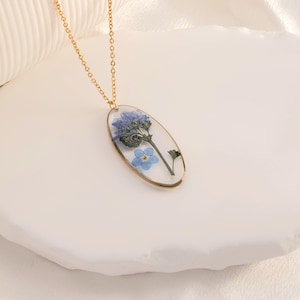 Collar de flores reales "No me olvides", collar personalizado de flores secas, regalo para abuela, regalo de cumpleaños para madre, joyería de boda