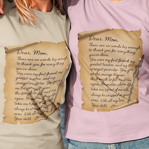 Camiseta com a letra "Querida Mamãe" – Presente emocionante para o Dia das Mães de uma filha ou filho | Camiseta vintage com bilhete escrito à mão | Camiseta presente para mãe