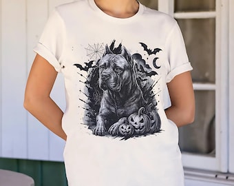 Cane Corso Halloween T-Shirt, Spooky Dog And Pumpkins Ink Art