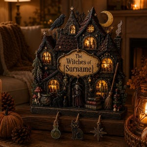May include: A decorative tabletop house featuring a sign that reads The Witches of [Surname], illuminated windows, a skeleton figure, a black cat, a crow, a crescent moon, and three hanging charms including a potion bottle, a cat, and a star.