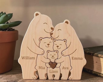 Rompecabezas de madera personalizado con forma de familia de osos: Figura de corazón con nombres personalizados para la decoración del hogar.