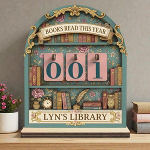 Aangepaste leesdoeltracker, vintage boekenplankdecor, teller boeken dit jaar gelezen, unieke weergave boekenliefhebber, gepersonaliseerd bibliotheekbord