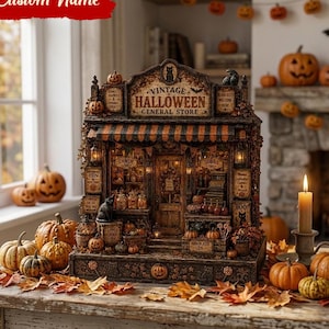 May include: A miniature Halloween general store display featuring a dark, weathered facade with the text Vintage Halloween General Store, illuminated windows, and shelves filled with tiny pumpkins, candy jars, and a black cat figure.