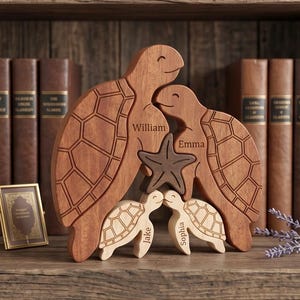 Può includere: Scultura in legno di una famiglia di tartarughe. La scultura presenta due grandi tartarughe, una stella marina e due tartarughe più piccole. I nomi "William" e "Emma" sono incisi sulle tartarughe più grandi e "Jake" e "Sophia" su quelle più piccole.