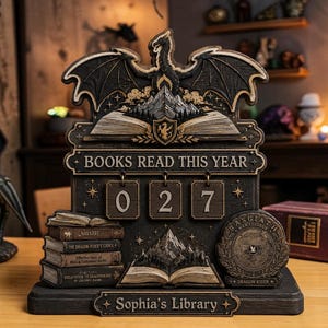 Könnte beinhalten: Ein dunkler hölzerner Lese-Tracker mit einem Drachen auf einem offenen Buch, mit dem Text "BOOKS READ THIS YEAR" über drei rotierenden Nummernschildern, die auf 027 stehen. Ein Bücherstapel und ein kreisförmiges Emblem sind sichtbar, mit "Sophia's Library" am Sockel.