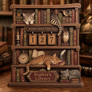 Peut inclure: Un calendrier perpétuel en bois en forme d'étagère avec trois chats tigrés, un hibou et un oiseau. L'objet affiche le texte "BOOKS READ THIS YEAR" au-dessus de trois tuiles numérotées "127" et une plaque "Sophia's Library" à la base.