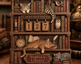 May include: A wooden bookshelf-style perpetual calendar featuring three tabby cats, an owl, and a bird. The unit displays the text "BOOKS READ THIS YEAR" above three numbered tiles showing "127" and a plaque reading "Sophia's Library" at the base.