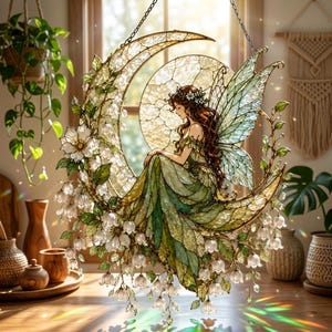 May include: A stained glass suncatcher featuring a fairy with long brown hair and green wings sitting on a crescent moon. The design is adorned with white lily of the valley flowers and green leaves, suspended by a metal chain for window display.