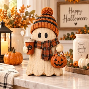 Könnte beinhalten: Eine dekorative Geisterfigur mit cremefarbenem Used-Look, die eine orange-schwarz gestreifte Strickmütze mit Bommel trägt. Der Geist trägt einen karierten Schal, hält einen orangefarbenen Kaffeebecher mit Kürbis-Symbol und trägt einen Kürbiseimer.