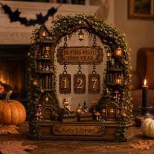 Peut inclure: Un présentoir de bibliothèque décoratif en bois avec une structure en arche d'arbre couverte de lierre, éclairée par de petites lanternes. Il comprend un panneau BOOKS READ THIS YEAR avec le nombre 127, une figurine de fée et une base Katy Library.