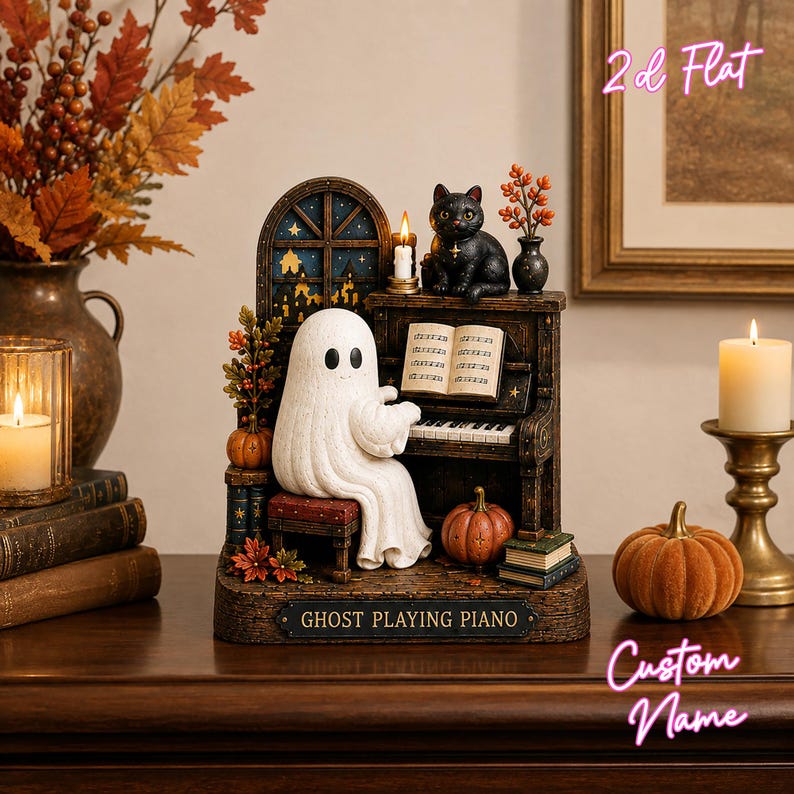 May include: A decorative figurine featuring a white ghost sitting on a bench playing a brown piano. A black cat sits on top of the piano next to a lit candle. The base has a plaque that reads GHOST PLAYING PIANO. Includes pumpkins and books.