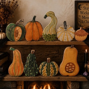 Pode incluir: Uma coleção de nove abóboras e cabaças decorativas de madeira em várias formas, tamanhos e cores, incluindo laranja, verde e amarelo. Os itens apresentam detalhes pintados como listras, pontos e texturas, dispostos em duas prateleiras de madeira.