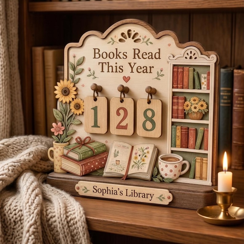 May include: Wooden bookshelf-themed decor piece with the text "Books Read This Year" and the number "128". Features miniature books, sunflowers, a coffee cup, and a candle. The base reads "Sophia's Library".