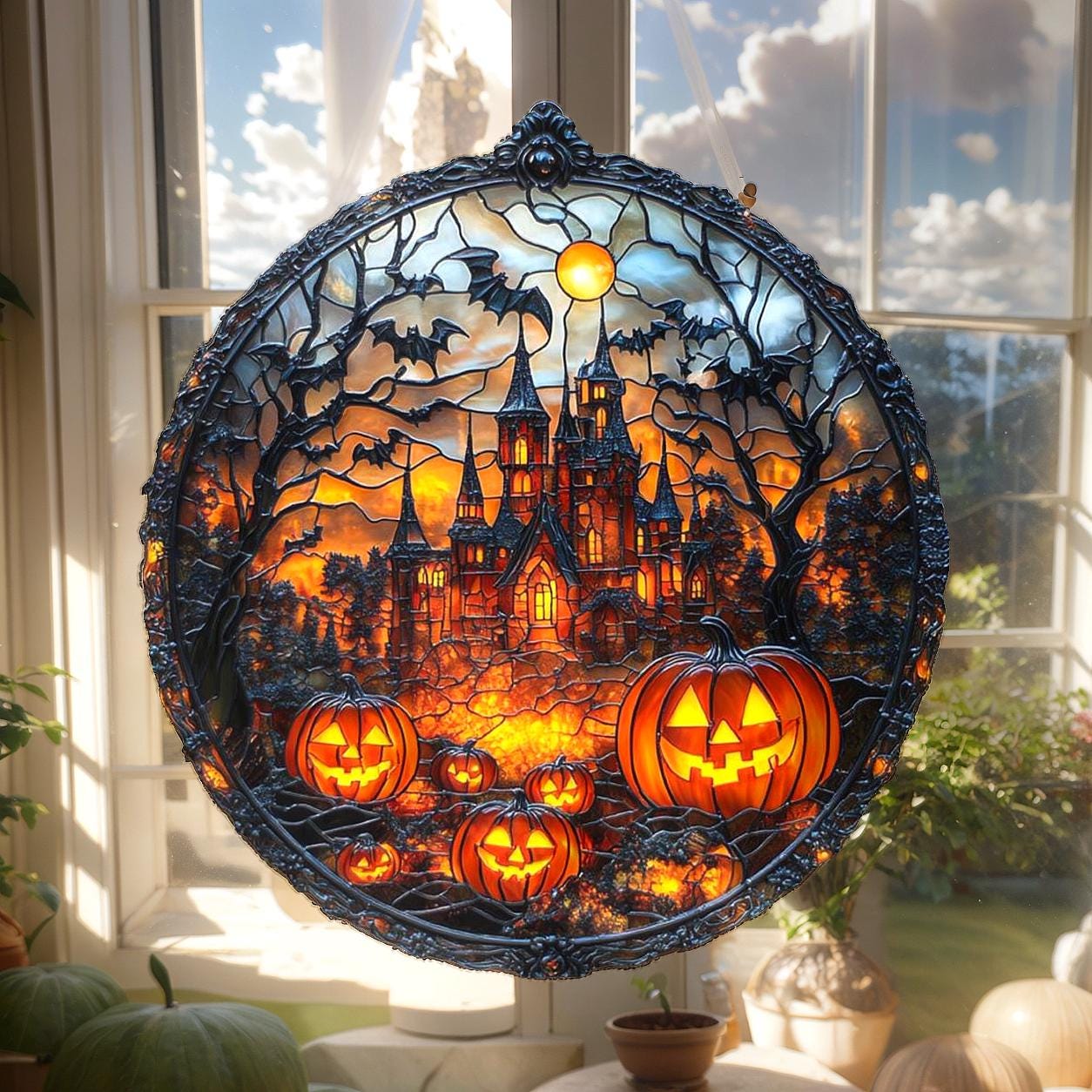 ステンドグラス　ハロウィンの屋台 ステンドグラスハロウィン展示作品