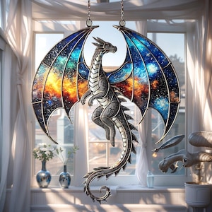 Blue Galaxy Dragon Acrylic Suncatcher Window Hanging, Stained Glass Look Fantasy Decor, Halloween Gift For Dragon Lovers Or Gothic Homes
