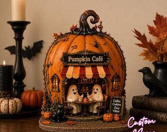 Charming Halloween Pumpkin House Decor, Hand-Painted Ghost Miniature Village, Light Up Fall Tabletop Display, Spooky Seasonal Figurine
