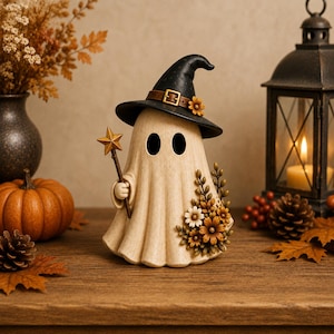 Träfigur för Halloween-spöken, häxhatt, höstdekor, fristående mantelhylla