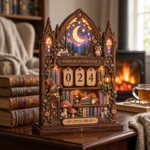 Könnte beinhalten: Ein dekoratives Bücherregal aus Holz mit einem Bogen im Buntglas-Stil und einer Mondsichel, beleuchtet durch warmes Licht. Es enthält drei hängende Nummernschilder mit der Aufschrift 024, Miniatur-Tierfiguren, Bücher sowie die Texte "BOOKS READ THIS YEAR" und "MY LITTLE LIBRARY."