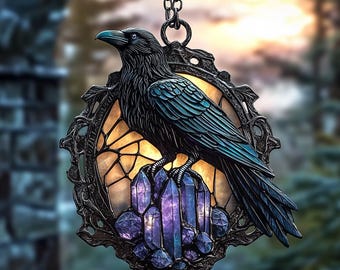 2D Raven With Crystals Acrylic Faux Stained Glass Suncatcher - Gothic Bird Window Hanging - Mystical Crow Decor Gift For Nature Lovers