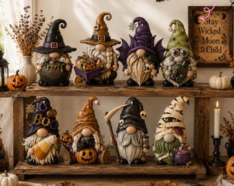 Conjunto de decoración de gnomos de Halloween: figuras espeluznantes de brujas, vampiros y la muerte. Decoración otoñal para el hogar. Colección única de gnomos.
