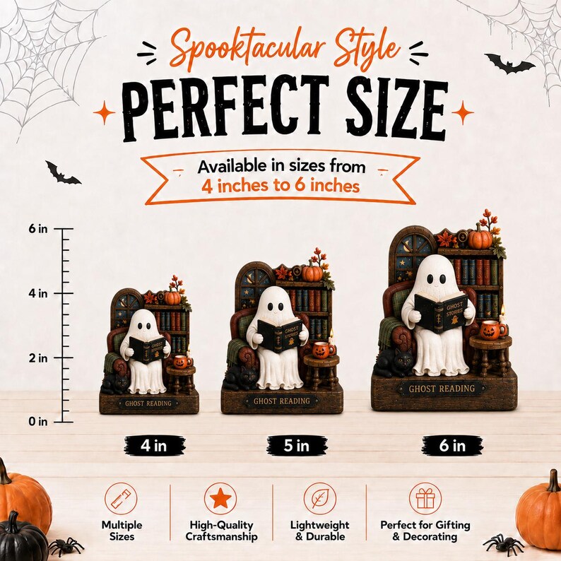 May include: Three ghost figurines reading books in armchairs, labeled Ghost Reading. Sizes range from 4 inches to 6 inches tall, shown with a ruler. Each features a ghost, bookshelf, pumpkin, and side table with a mug. Text includes Spooktacular Style.
