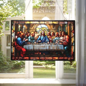 Last Supper Acrylic Suncatcher, Faux Stained Glass Jesus Window Hanging, Christian Wall Art for Home or Bible Study Gift