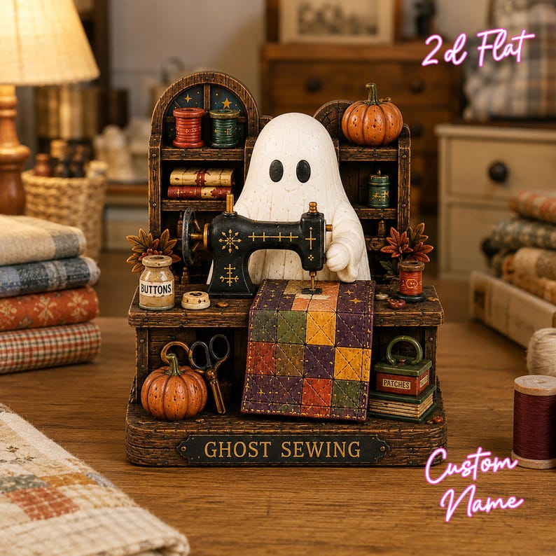 May include: A decorative figurine featuring a white ghost sitting at a black sewing machine with a colorful patchwork quilt. The base is labeled GHOST SEWING and includes miniature accessories like pumpkins, spools of thread, scissors, and books on shelves.