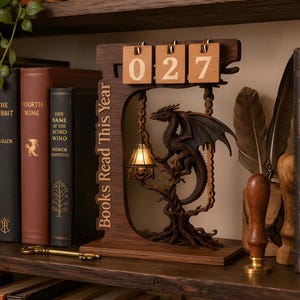 Könnte beinhalten: Ein ewiger Kalender aus Holz mit der Anzeige "027". Er zeigt eine Drachenskulptur und eine hängende Laterne. Die Worte "Books Read This Year" sind auf der Seite aufgedruckt. Der Kalender steht auf einem Holzregal mit Büchern.
