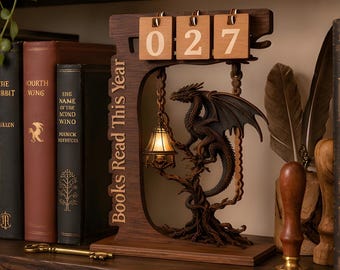 Dragon Holzbuch Tracker, 2D Fantasy Lesezähler, Bücher lesen dieses Jahr Organizer