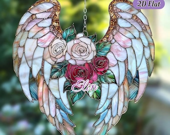 Angel Wings And Roses Acrylic Suncatcher And Ornament – Faux Stained Glass Memorial Church Decoration