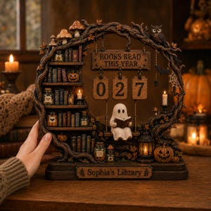 K&ouml;nnte beinhalten: Ein dekoratives Display im Holz-Look mit einem baumf&ouml;rmigen Rahmen, Regalen voller Miniaturb&uuml;cher, Gl&auml;sern und K&uuml;rbissen. Ein Geist sitzt auf einer Schaukel und liest ein Buch unter einem Schild mit der Aufschrift BOOKS READ THIS YEAR 027. Die Basis tr&auml;gt die Aufschrift Sophia's Library.