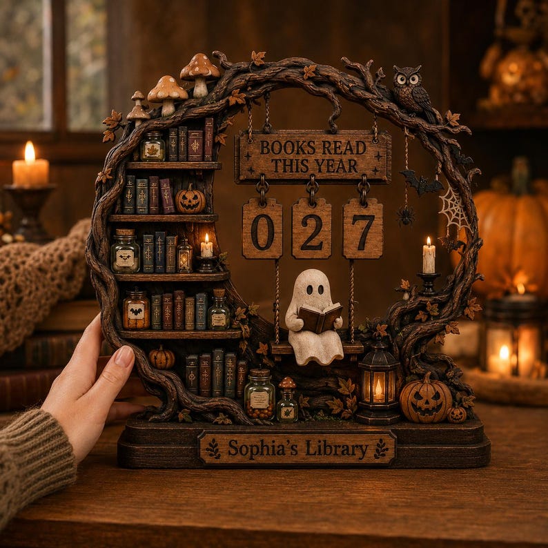 K&ouml;nnte beinhalten: Ein dekoratives Display im Holz-Look mit einem baumf&ouml;rmigen Rahmen, Regalen voller Miniaturb&uuml;cher, Gl&auml;sern und K&uuml;rbissen. Ein Geist sitzt auf einer Schaukel und liest ein Buch unter einem Schild mit der Aufschrift BOOKS READ THIS YEAR 027. Die Basis tr&auml;gt die Aufschrift Sophia's Library.