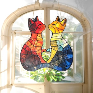 Regenbogen Katzen Paar FFaux Buntglas Acryl Suncatcher, LGBTQ Fenster hängen Dekor, Jahrestag Geschenk für Katzenliebhaber