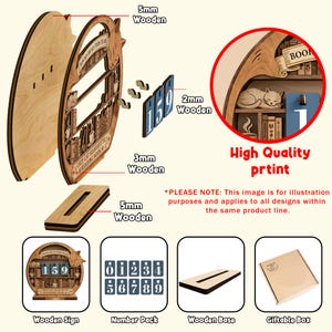 K&ouml;nnte beinhalten: Ein h&ouml;lzernes Lese-Tracker-Schild mit Katzensilhouette, B&uuml;cherregalen und austauschbaren Nummernschildern. Die Komponenten umfassen einen 5mm Holzrahmen, 3mm Holzdetails, 2mm Holzzahlenpl&auml;ttchen und einen 5mm Holzsockel.