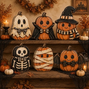 Pode incluir: Uma coleção de seis figuras decorativas de abóbora em madeira com trajes de Halloween. O conjunto inclui um fantasma, um vampiro, uma bruxa, um esqueleto, uma múmia e um morcego, todos pintados com expressões detalhadas e acessórios.