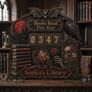 Może przedstawiać: Ciemna drewniana tabliczka do śledzenia przeczytanych książek z napisem Books Read This Year oraz Sophia's Library. Zawiera czterocyfrowy licznik wskazujący 0347, stos książek, czerwony księżyc, kruka, czaszkę z różami oraz płonące serce.