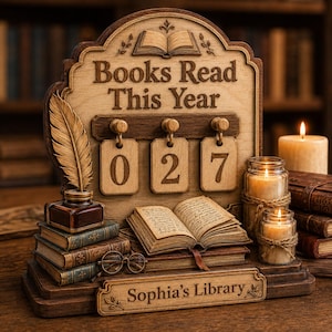 Peut inclure: Un présentoir de bureau en bois avec le texte Books Read This Year et Sophia's Library. Il comprend une plume dans un encrier, une pile de livres, un livre ouvert, une paire de lunettes et deux bougies dans des bocaux avec des étiquettes 0, 2 et 7.