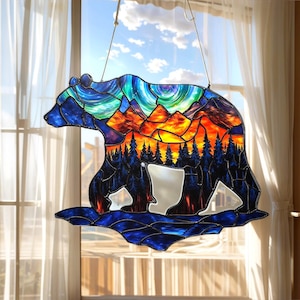 Woodland Bear Acrylic Suncatcher Window Hanging, Stained Glass Look Wildlife Decor, Nature Gift For Mom, Grandma Or Rustic Homes