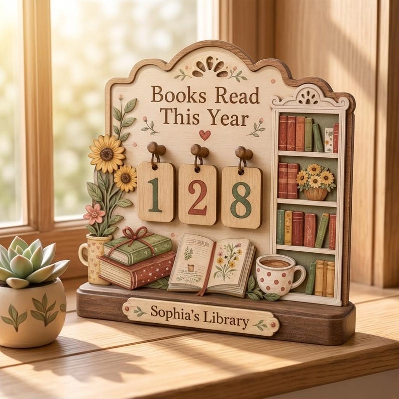 May include: Wooden bookshelf-themed decor with the text "Books Read This Year" and the numbers "128". The decor includes miniature books, a teacup, and a small bookshelf. The base reads "Sophia's Library".