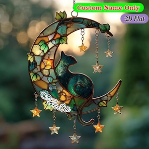 Cat on Moon Suncatcher – imitatie-glas-in-lood, acryl raamhanger