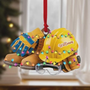 Décoration de construction personnalisée avec nom, casque et bottes, cadeau de Noël pour constructeur ou travailleur