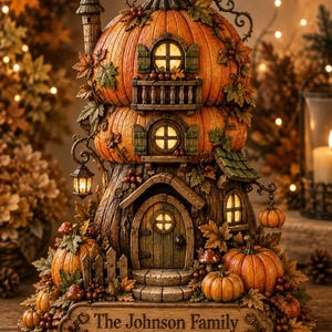 Scatola decorativa a forma di casa di zucca incantata, allestimento per villaggio autunnale, decorazione autunnale personalizzata per la casa, regalo per giardino fatato nel bosco