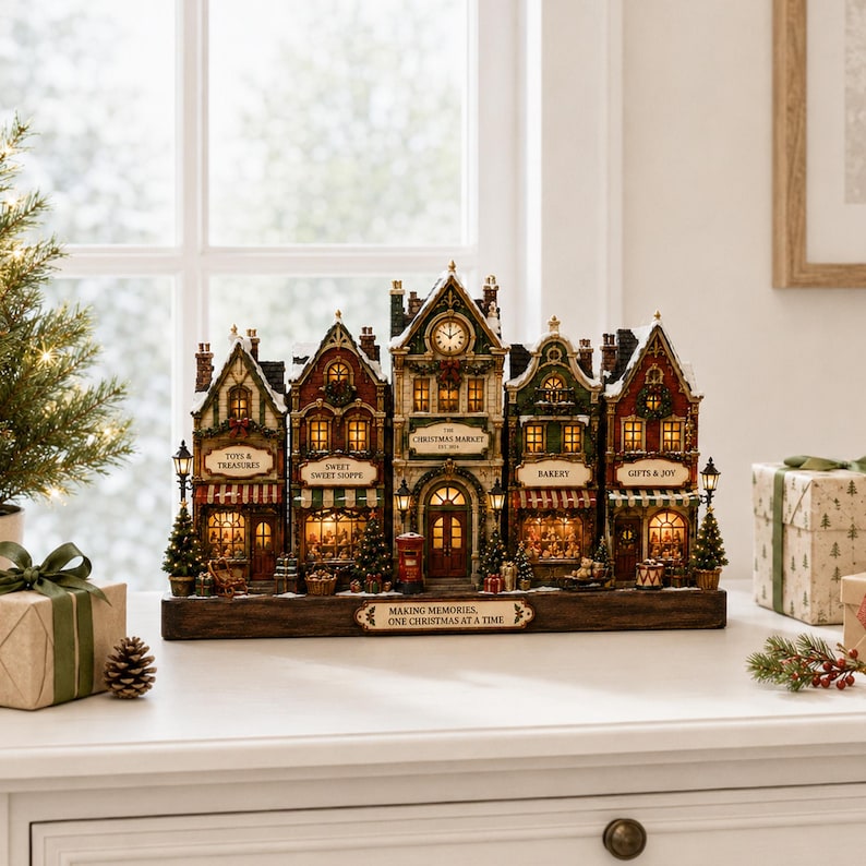 May include: A miniature Christmas village display featuring five connected buildings with illuminated windows, a central clock tower, and signs reading Toys & Treasures, Sweet Sweet Shoppe, The Christmas Market, Bakery, and Gifts & Joy on a base.