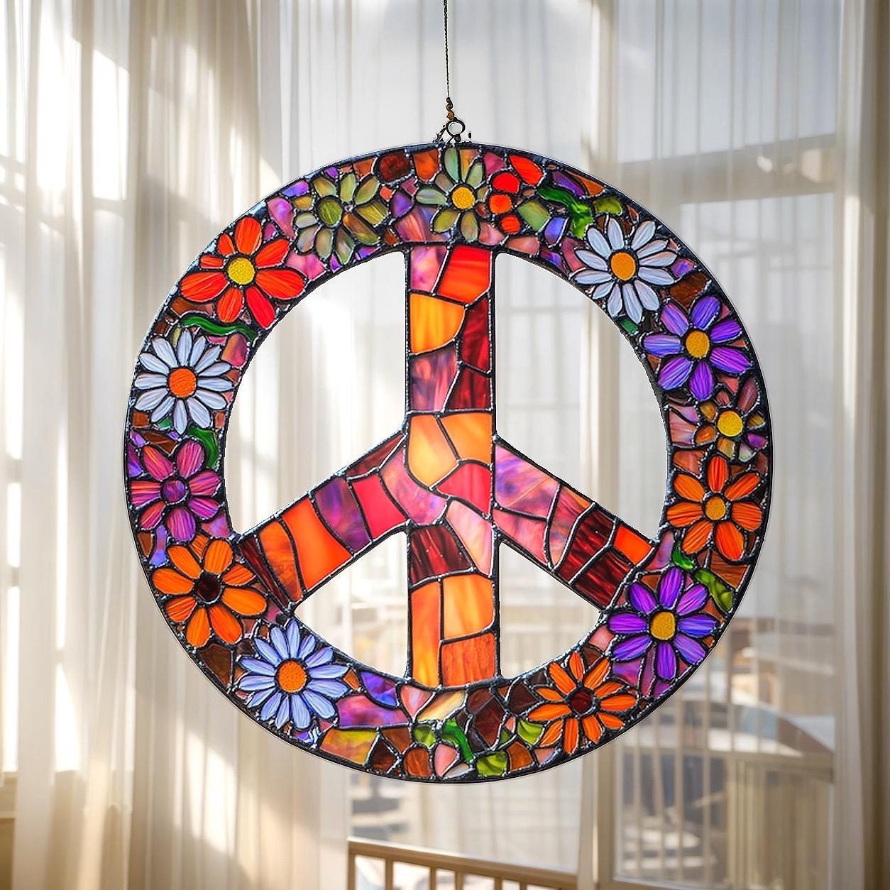 Hippie Peace Sign Acrylic Suncatcher, Faux Stained Glass Boho Car Charm, Groovy Gift for Him or Her