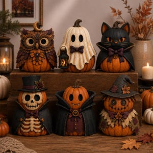Op de afbeelding: Een verzameling van zes decoratieve pompoenbeeldjes met Halloween-personages: een uil, een geest met een lantaarn, een zwarte kat, een skelet met een hoge hoed, een vampier en een vogelverschrikker met knoopogen, op een houten ondergrond.