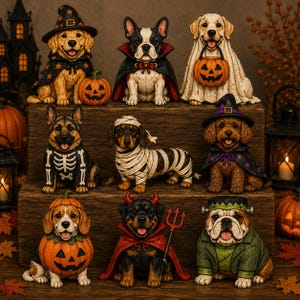 Peut inclure: Une collection de neuf figurines de chiens déguisés pour Halloween, incluant un golden retriever sorcier, un bouledogue français vampire, un fantôme, un berger allemand squelette, un teckel momie, un caniche magicien, un beagle citrouille, un diable et un bouledogue Frankenstein.
