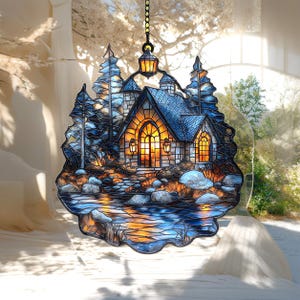 Cozy Cabin Faux Stained Glass Suncatcher, Window Hanging Forest Home Decor, Rustic Woodland Gift For Nature Lovers